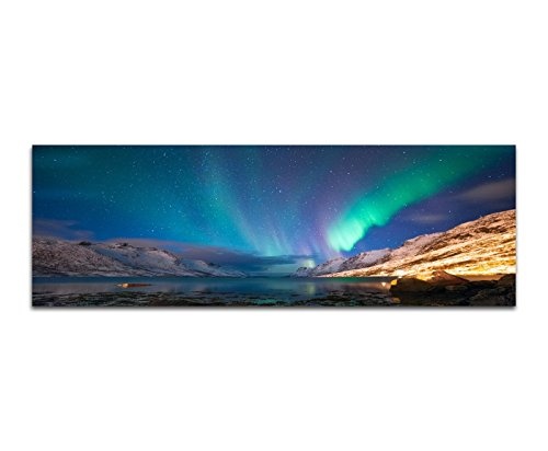 Bilder Wand Bild - Kunstdruck 150x50cm Norwegen See Berge Nacht Polarlichter