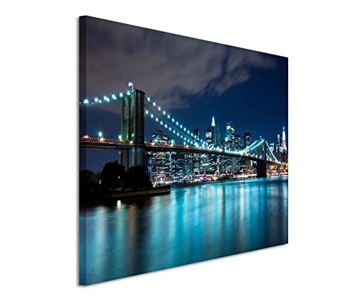120x80cm Leinwandbild auf Keilrahmen New York Brooklyn Bridge Nacht Lichter Wandbild auf Leinwand als Panorama