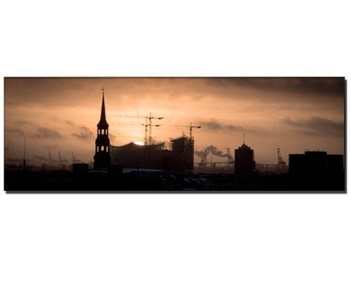 XXL Wandbild auf echter Leinwand gerahmt City Bild Skyline (Hamburg_Sonnenuntergang_150x50cm) Bilder fertig gerahmt mit Keilrahmen riesig. Ausführung Kunstdruck auf Leinwand. Günstig inkl Rahmen