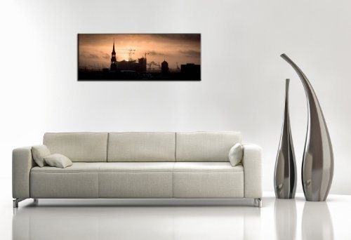 XXL Wandbild auf echter Leinwand gerahmt City Bild Skyline (Hamburg_Sonnenuntergang_150x50cm) Bilder fertig gerahmt mit Keilrahmen riesig. Ausführung Kunstdruck auf Leinwand. Günstig inkl Rahmen