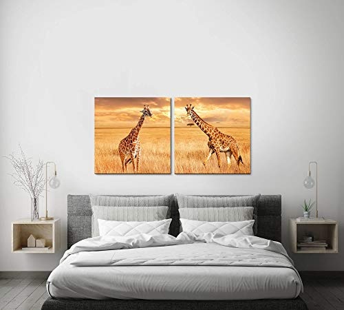 Paul Sinus Art GmbH Giraffen in der Savanne 120x60cm - 2 Wandbilder je 60x60cm Kunstdruck modern Wandbilder XXL Wanddekoration Design Wand Bild