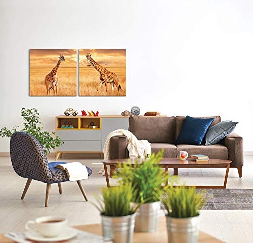 Paul Sinus Art GmbH Giraffen in der Savanne 120x60cm - 2 Wandbilder je 60x60cm Kunstdruck modern Wandbilder XXL Wanddekoration Design Wand Bild