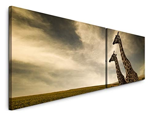 Paul Sinus Art Giraffen im Sonnenuntergang 180x50cm - 2 Wandbilder je 50x90cm - Kunstdrucke - Wandbild - Leinwandbilder fertig auf Rahmen