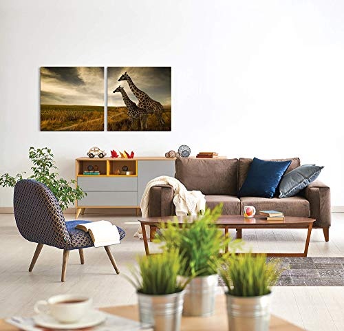 Paul Sinus Art GmbH Giraffen im Sonnenuntergang 120x60cm - 2 Wandbilder je 60x60cm Kunstdruck modern Wandbilder XXL Wanddekoration Design Wand Bild