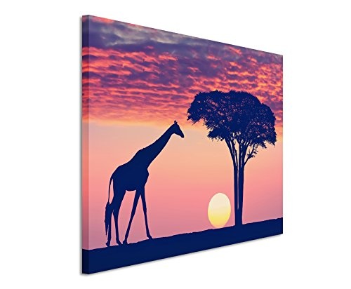 Paul Sinus Art Kunstfoto auf Leinwand 60x40cm Landschaftsfotografie - Silhouette mit Giraffe und Akazie auf Leinwand Exklusives Wandbild Moderne Fotografie für Ihre Wand in Vielen Größen