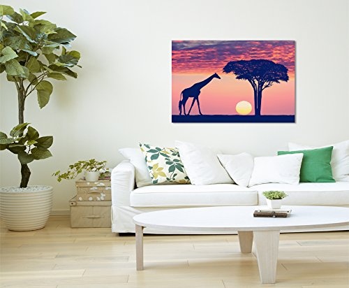 Paul Sinus Art Kunstfoto auf Leinwand 60x40cm Landschaftsfotografie - Silhouette mit Giraffe und Akazie auf Leinwand Exklusives Wandbild Moderne Fotografie für Ihre Wand in Vielen Größen