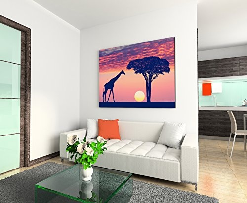 Paul Sinus Art Kunstfoto auf Leinwand 60x40cm Landschaftsfotografie - Silhouette mit Giraffe und Akazie auf Leinwand Exklusives Wandbild Moderne Fotografie für Ihre Wand in Vielen Größen