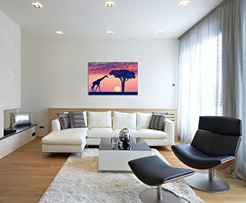 Paul Sinus Art Kunstfoto auf Leinwand 60x40cm Landschaftsfotografie - Silhouette mit Giraffe und Akazie auf Leinwand Exklusives Wandbild Moderne Fotografie für Ihre Wand in Vielen Größen