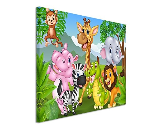 Paul Sinus Art Kunstfoto auf Leinwand 60x40cm Cartoon Zeichnung - Lustige Tiere im Dschungel auf Leinwand Exklusives Wandbild Moderne Fotografie für Ihre Wand in Vielen Größen