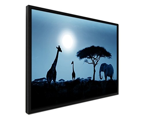 105x75cm Wandbild - Farbe Blau Petrol - auf Leinwand inkusive Schattenfugenrahmen schwarz - Sonnenuntergang Elefant und Giraffen Afrika
