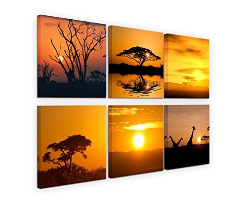 6 teiliges Leinwandbild je 30x30cm - Akazienbaum Afrika Sonnenuntergang Wüste Giraffe