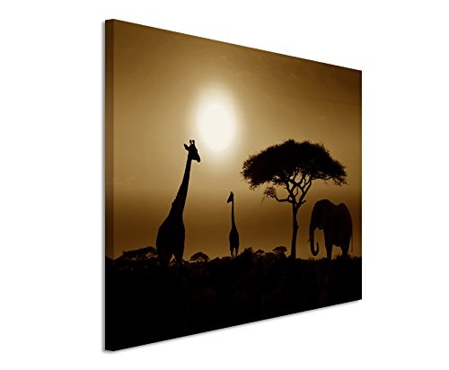 100x70cm Bild Sepia Sonnenuntergang Elefant und Giraffen Afrika