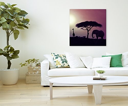 80x80cm Wandbild Fotoleinwand Bild in Mauve Sonnenuntergang Elefant und Giraffen Afrika