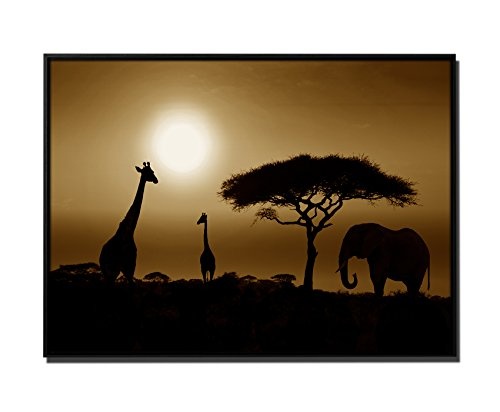 105x75cm Wandbild - Farbe Sepia - auf Leinwand inkusive Schattenfugenrahmen schwarz - Sonnenuntergang Elefant und Giraffen Afrika