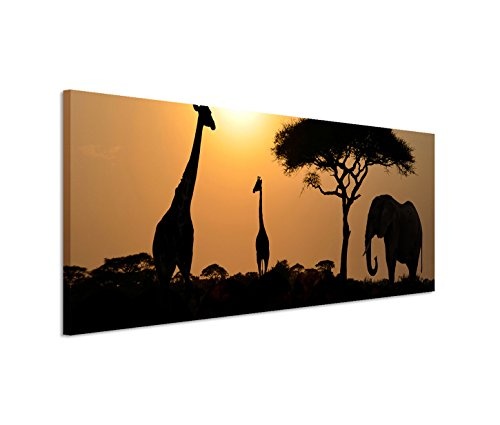 150x50cm Leinwandbild auf Keilrahmen Afrika Serengeti Safari Giraffen Elefanten Akazie Baum Wandbild auf Leinwand als Panorama