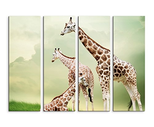 Fotoleinwand 4Teile je 90x30cm Tierfotografie - Drei Giraffen beim Ausruhen