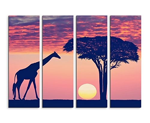 Fotoleinwand 4Teile je 90x30cm Landschaftsfotografie - Silhouette mit Giraffe und Akazie