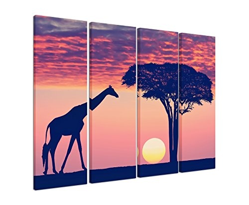Fotoleinwand 4Teile je 90x30cm Landschaftsfotografie - Silhouette mit Giraffe und Akazie