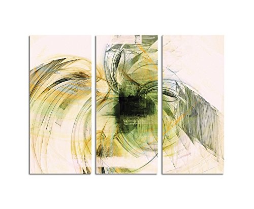 Kunstdruck Abstrakt438_3x90x40cm Leinwandbild XXL gelb grün cremeweiß fertig auf Keilrahmen dreiteiliges Wandbild Tryptichon