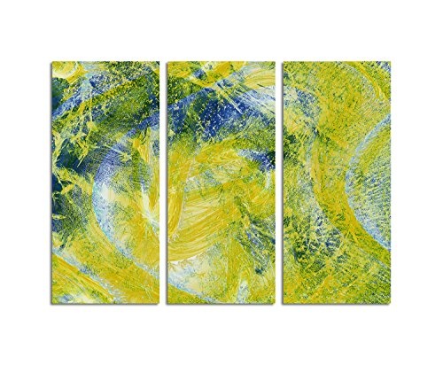 Gelb blauer Kunstdruck Abstrakt495_3x90x40cm Leinwandbild grell abstract XXL fertig auf Keilrahmen dreiteiliges Wandbild Tryptichon