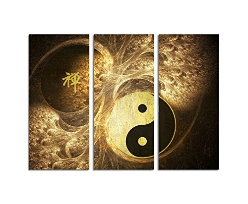 Kunstdruck Yin Yan Abstrakt493_3x90x40cm Leinwandbild Feng shui braun beige XXL fertig auf Keilrahmen dreiteiliges Wandbild Tryptichon