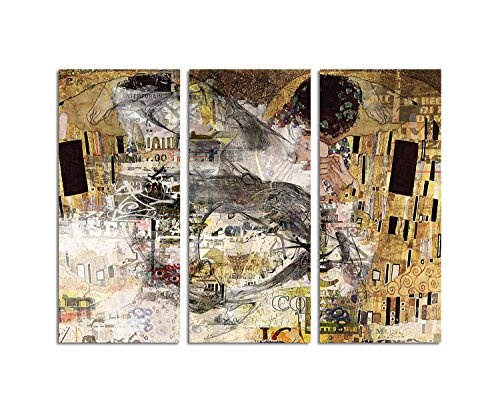 Kunstdruck - Der Kuss -Abstrakt476_3x90x40cm Leinwandbild XXL angelehnt an Gustav Klimt fertig auf Keilrahmen dreiteiliges Wandbild Tryptichon