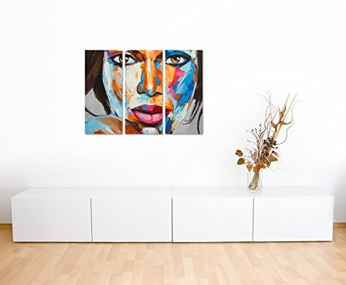 3 teiliges Leinwand-Bild 3x90x40cm (Gesamt 130x90cm) Buntes modernes Ölgemälde - Frauenportrait auf Leinwand exklusives Wandbild moderne Fotografie für ihre Wand in vielen Größen