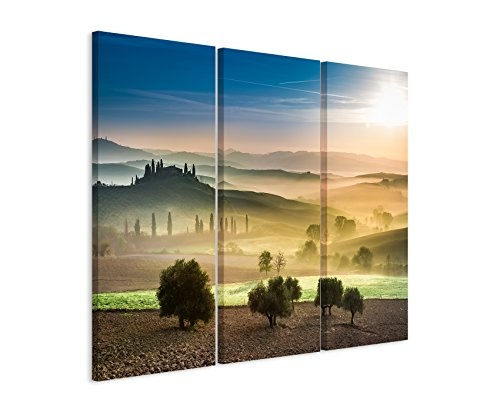 3 teiliges Leinwand-Bild 3x90x40cm (Gesamt 130x90cm) Landschaftsfotografie - Gold grüne Felder der Toskana auf Leinwand exklusives Wandbild moderne Fotografie für ihre Wand in vielen Größen