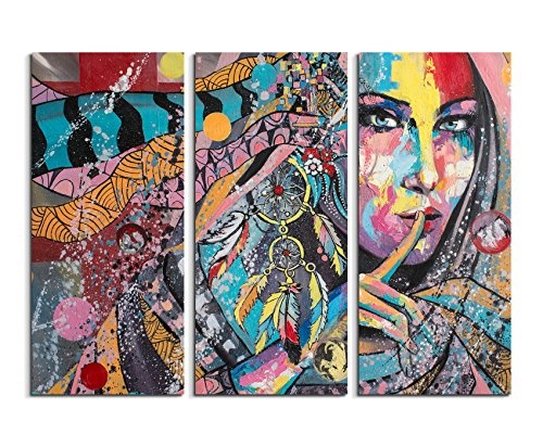 3 teiliges Leinwand-Bild 3x90x40cm (Gesamt 130x90cm) Ölgemälde - Farbenfrohe Frau mit Traumfänger auf Leinwand exklusives Wandbild moderne Fotografie für ihre Wand in vielen Größen