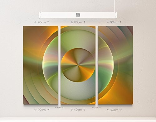 Paul Sinus Art Abstraktes Bild - golden, grün, metallic konzentrische Kreise - 3 teiliges Wandbild Gesamtgröße 130x90cm