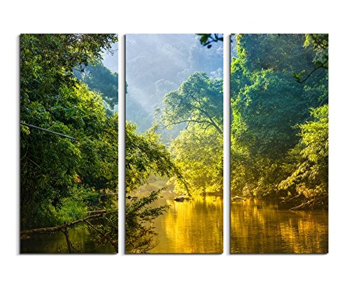 3 teiliges Leinwand-Bild 3x90x40cm (Gesamt 130x90cm) Landschaftsfotografie - Tropischer Regenwald mit Fluss auf Leinwand exklusives Wandbild moderne Fotografie für ihre Wand in vielen Größen