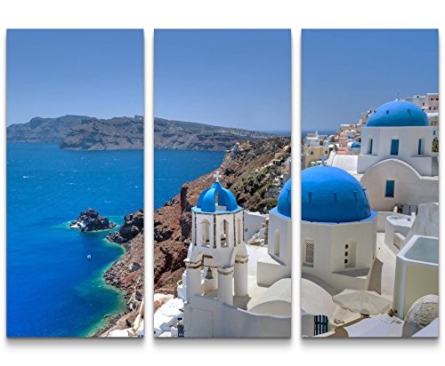 Fotografie - Santorini Kirchenglocke und Kuppeldächer - 3 teiliges Wandbild Gesamtgröße 130x90cm