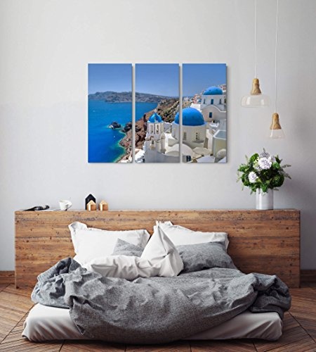 Fotografie - Santorini Kirchenglocke und Kuppeldächer - 3 teiliges Wandbild Gesamtgröße 130x90cm