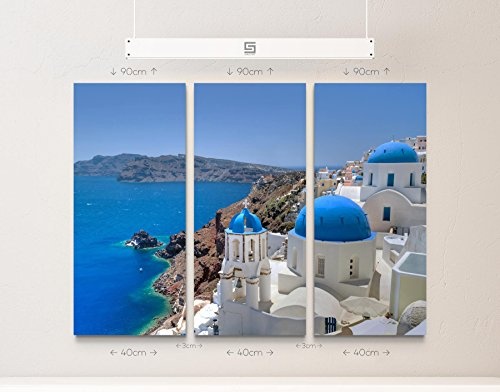 Fotografie - Santorini Kirchenglocke und Kuppeldächer - 3 teiliges Wandbild Gesamtgröße 130x90cm