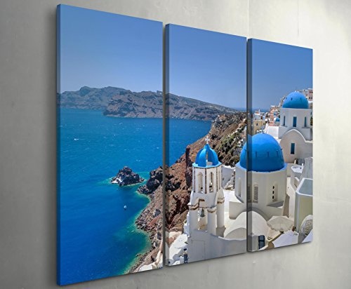 Fotografie - Santorini Kirchenglocke und Kuppeldächer - 3 teiliges Wandbild Gesamtgröße 130x90cm