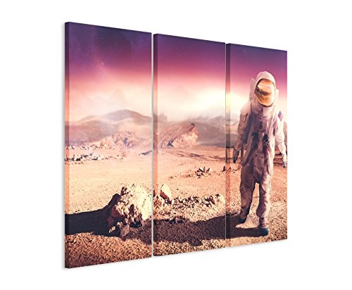 3 teiliges Leinwand-Bild 3x90x40cm (Gesamt 130x90cm) Astronaut in Mondlandschaft auf Leinwand exklusives Wandbild moderne Fotografie für ihre Wand in vielen Größen