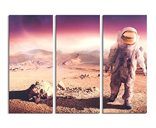 3 teiliges Leinwand-Bild 3x90x40cm (Gesamt 130x90cm) Astronaut in Mondlandschaft auf Leinwand exklusives Wandbild moderne Fotografie für ihre Wand in vielen Größen