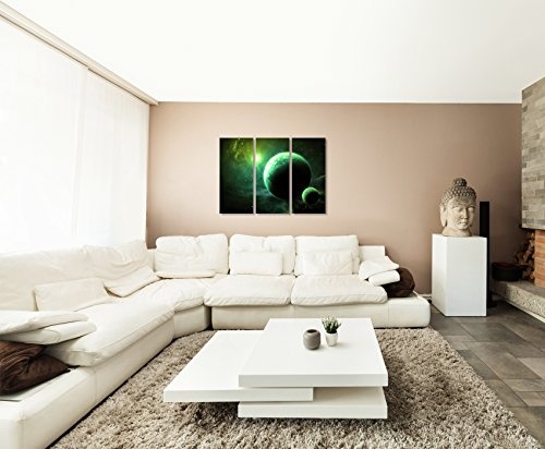 3 teiliges Leinwand-Bild 3x90x40cm (Gesamt 130x90cm) Illustration - Grüne Planeten mit Mond auf Leinwand exklusives Wandbild moderne Fotografie für ihre Wand in vielen Größen