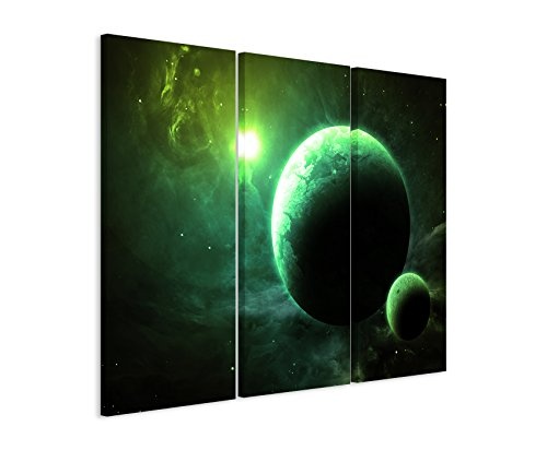 3 teiliges Leinwand-Bild 3x90x40cm (Gesamt 130x90cm) Illustration - Grüne Planeten mit Mond auf Leinwand exklusives Wandbild moderne Fotografie für ihre Wand in vielen Größen