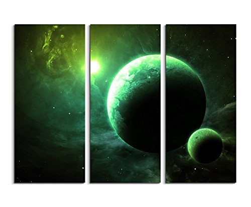 3 teiliges Leinwand-Bild 3x90x40cm (Gesamt 130x90cm) Illustration - Grüne Planeten mit Mond auf Leinwand exklusives Wandbild moderne Fotografie für ihre Wand in vielen Größen