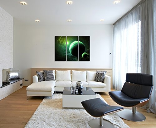 3 teiliges Leinwand-Bild 3x90x40cm (Gesamt 130x90cm) Illustration - Grüne Planeten mit Mond auf Leinwand exklusives Wandbild moderne Fotografie für ihre Wand in vielen Größen