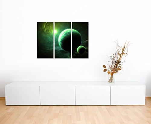 3 teiliges Leinwand-Bild 3x90x40cm (Gesamt 130x90cm) Illustration - Grüne Planeten mit Mond auf Leinwand exklusives Wandbild moderne Fotografie für ihre Wand in vielen Größen