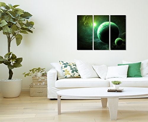 3 teiliges Leinwand-Bild 3x90x40cm (Gesamt 130x90cm) Illustration - Grüne Planeten mit Mond auf Leinwand exklusives Wandbild moderne Fotografie für ihre Wand in vielen Größen