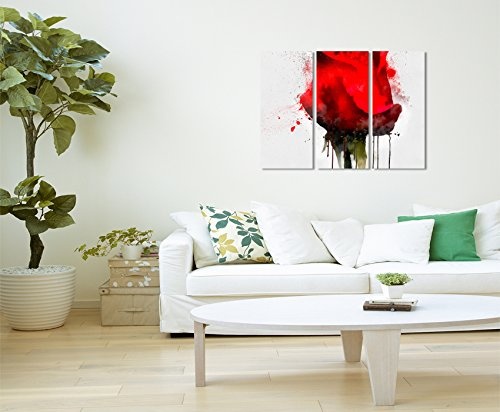3 teiliges Leinwand-Bild 3x90x40cm (Gesamt 130x90cm) Illustration - Knallrote Rose im Splash Art Stil auf Leinwand exklusives Wandbild moderne Fotografie für ihre Wand in vielen Größen