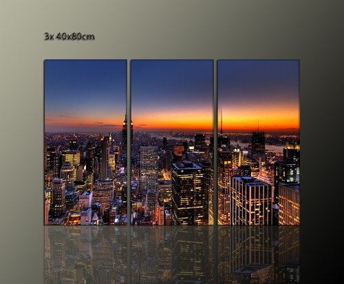 New York Bild 3 teilig Moderne Bilder (new york skyline 3x40x80cm) Großstadtflair Bilder fertig gerahmt auf Keilrahmen xxl. Kunstdruck auf Leinwand. Preiswert Günstig inkl Rahmung