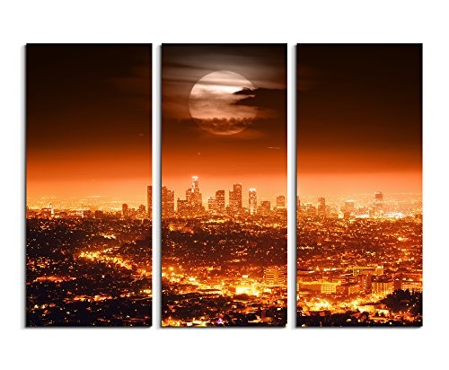 3 teiliges Leinwand-Bild 3x90x40cm (Gesamt 130x90cm) Urbane Fotografie - Dramatischer Vollmond über Los Angeles, USA auf Leinwand exklusives Wandbild moderne Fotografie für ihre Wand in vielen Größen