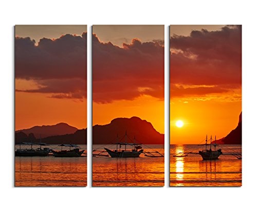 3 teiliges Leinwand-Bild 3x90x40cm (Gesamt 130x90cm) Landschaftsfotografie - Boote bei Sonnenaufgang, Palawan, Philippinen auf Leinwand exklusives Wandbild moderne Fotografie für ihre Wand in vielen Größen