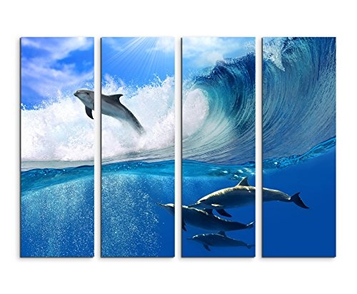 Fotoleinwand 4Teile je 90x30cm Tierfotografie - Vier Delfine bei einer Meereswelle