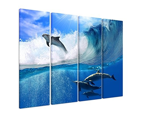 Fotoleinwand 4Teile je 90x30cm Tierfotografie - Vier Delfine bei einer Meereswelle
