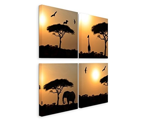 Paul Sinus Art 4 Teiliges Leinwandbild je 40x40cm - Akazienbaum Afrika Sonnenuntergang Wüste Giraffe Elefant